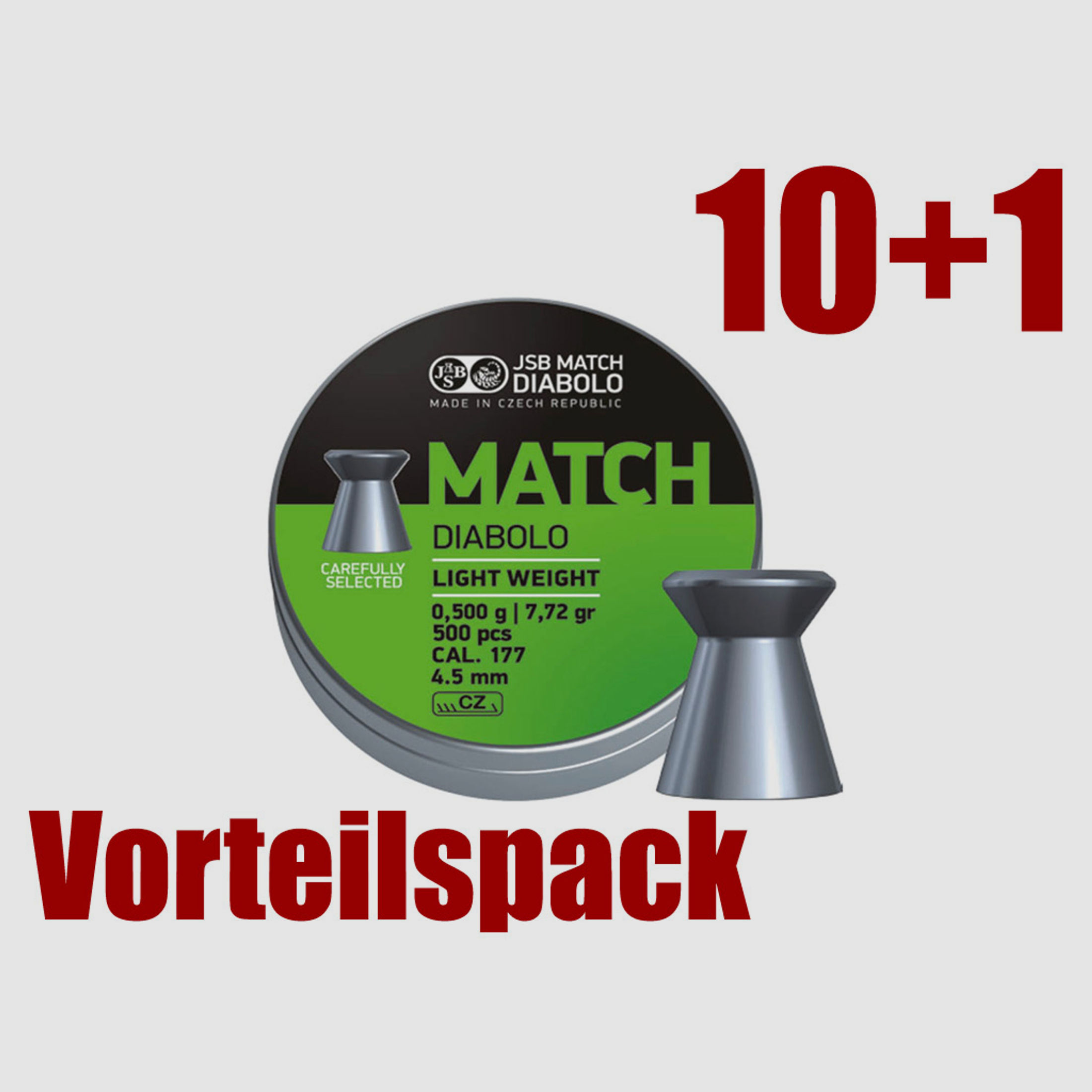 Vorteilspack 10+1 Flachkopf Diabolos JSB Match Light Kaliber 4,52 mm 0,475 g glatt 11 x 500 StĂĽck