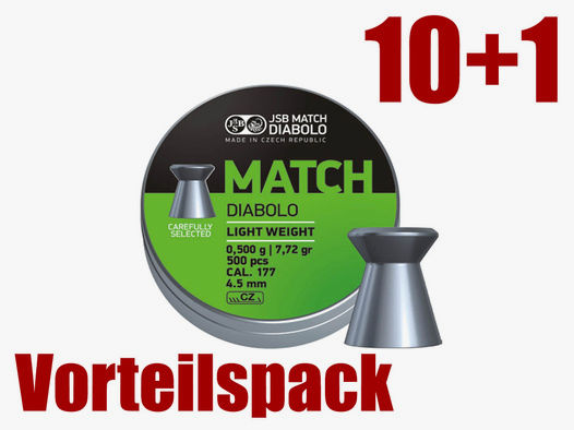 Vorteilspack 10+1 Flachkopf Diabolos JSB Match Light Kaliber 4,5 mm 0,475 g glatt 11 x 500 StĂĽck