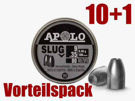 Vorteilspack 10 + 1 Hohlspitz Diabolos Apolo Slug Kaliber 9 mm 6,48 g 100 gr glatt 11 x 80 StĂĽck
