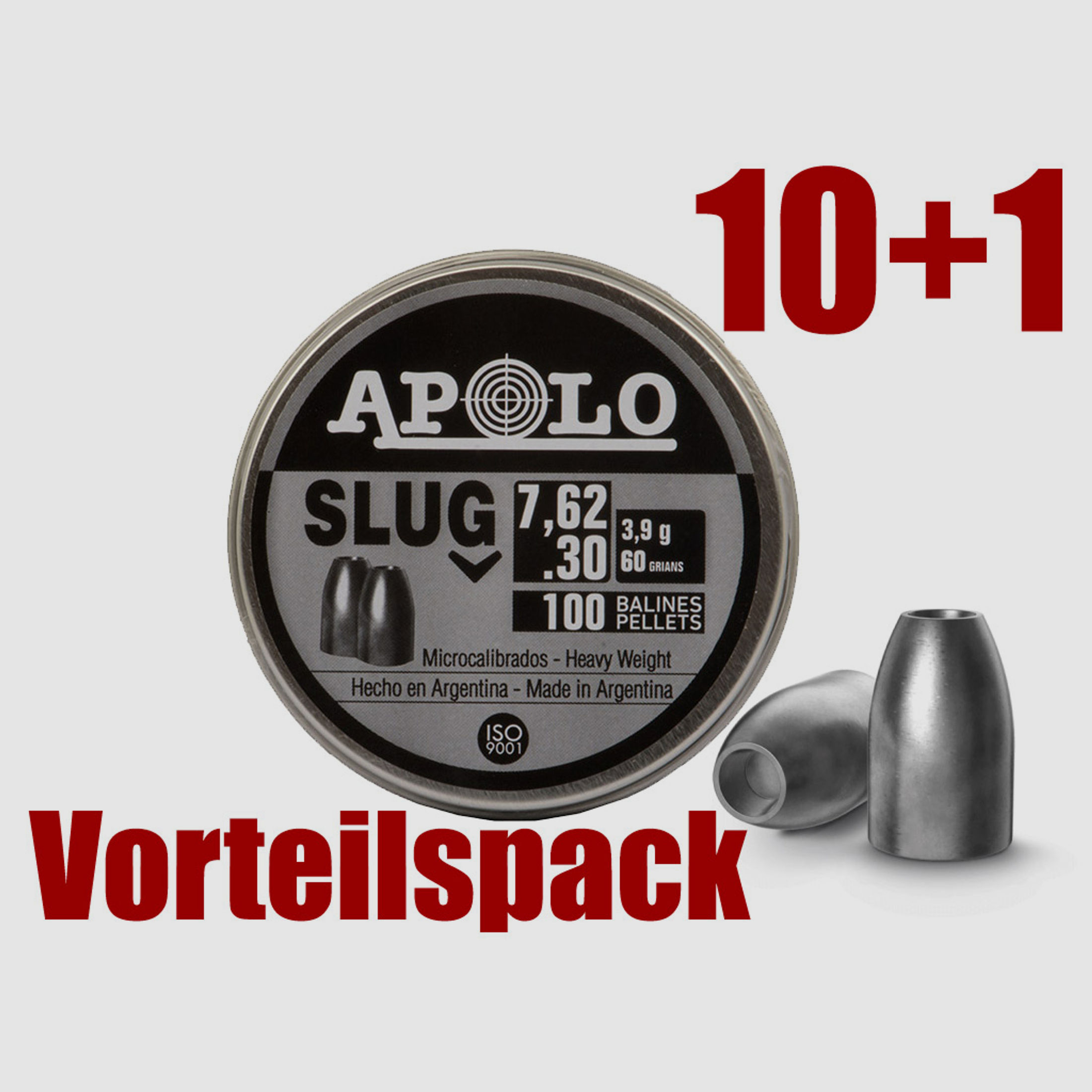 Vorteilspack 10+1 Hohlspitz Diabolos Apolo Slug Kaliber 7,62 mm 3,9 g 60 gr glatt 11 x 100 StĂĽck