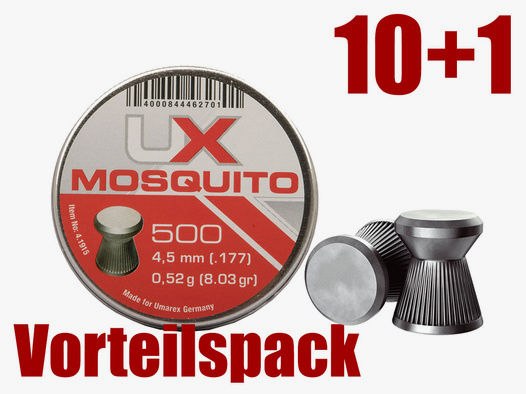 Vorteilspack 10+1 Flachkopf Diabolos Umarex Mosquito Kaliber 4,5 mm 0,52 g geriffelt 11 x 500 StĂĽck