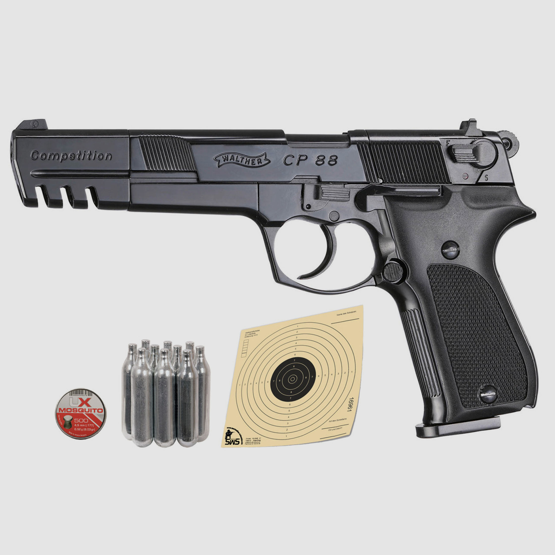 CO2 Pistole Walther CP88 Competition Lauf 6 Zoll schwarz Kaliber 4,5 mm Diabolo (P18)+ Diabolos CO2 Kapsel Zielscheiben Speedloader