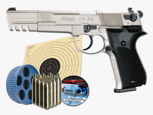 CO2 Pistole Walther CP88 Competition Lauf 6 Zoll nickel Kaliber 4,5 mm Diabolo (P18)+ Diabolos CO2 Kapsel Zielscheiben Speedloader