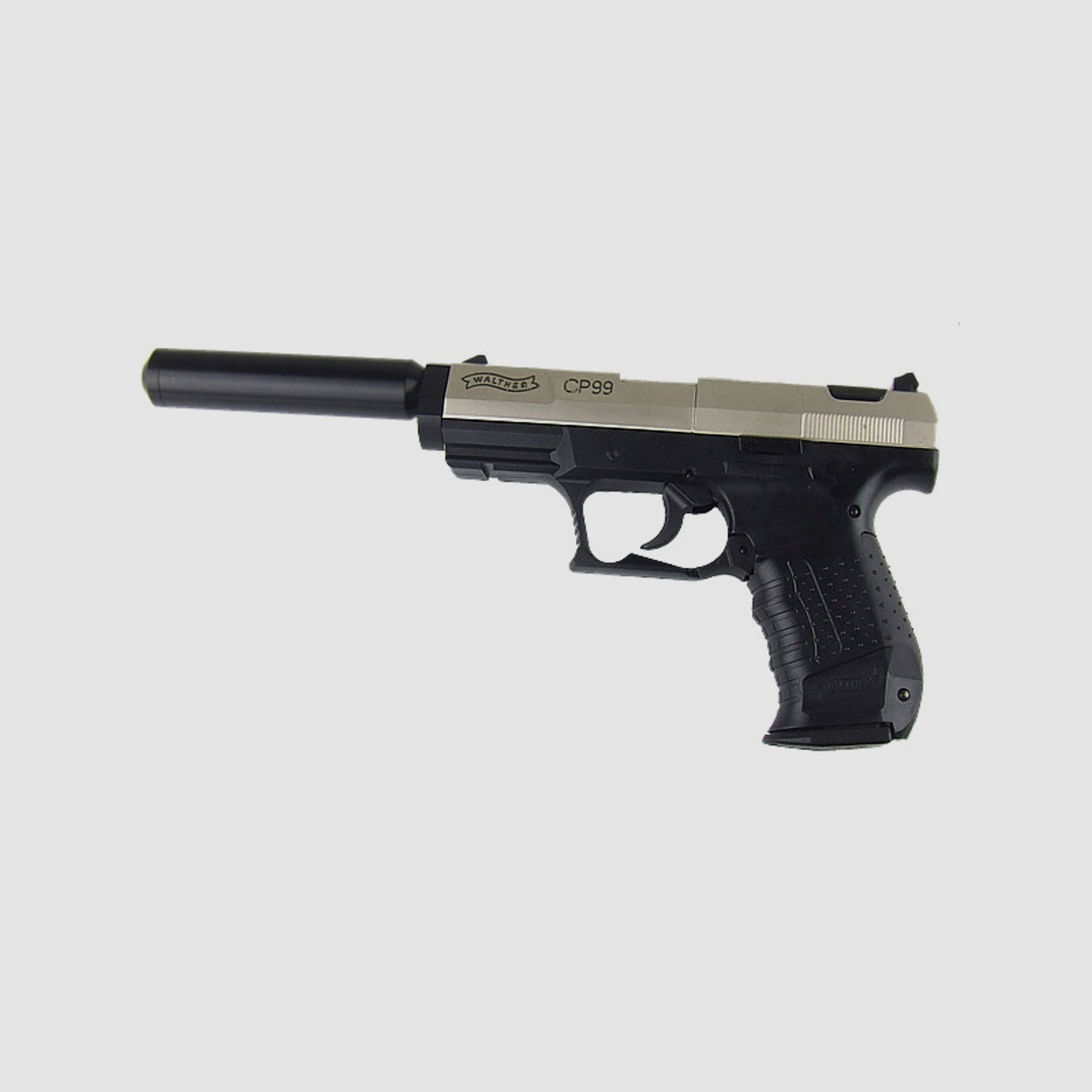 CO2 Pistole Walther CP99 Lauf 3 Zoll nickel Kaliber 4,5 mm Diabolos (P18)  schwarzer SWS SchalldĂ¤mpfer Adapter