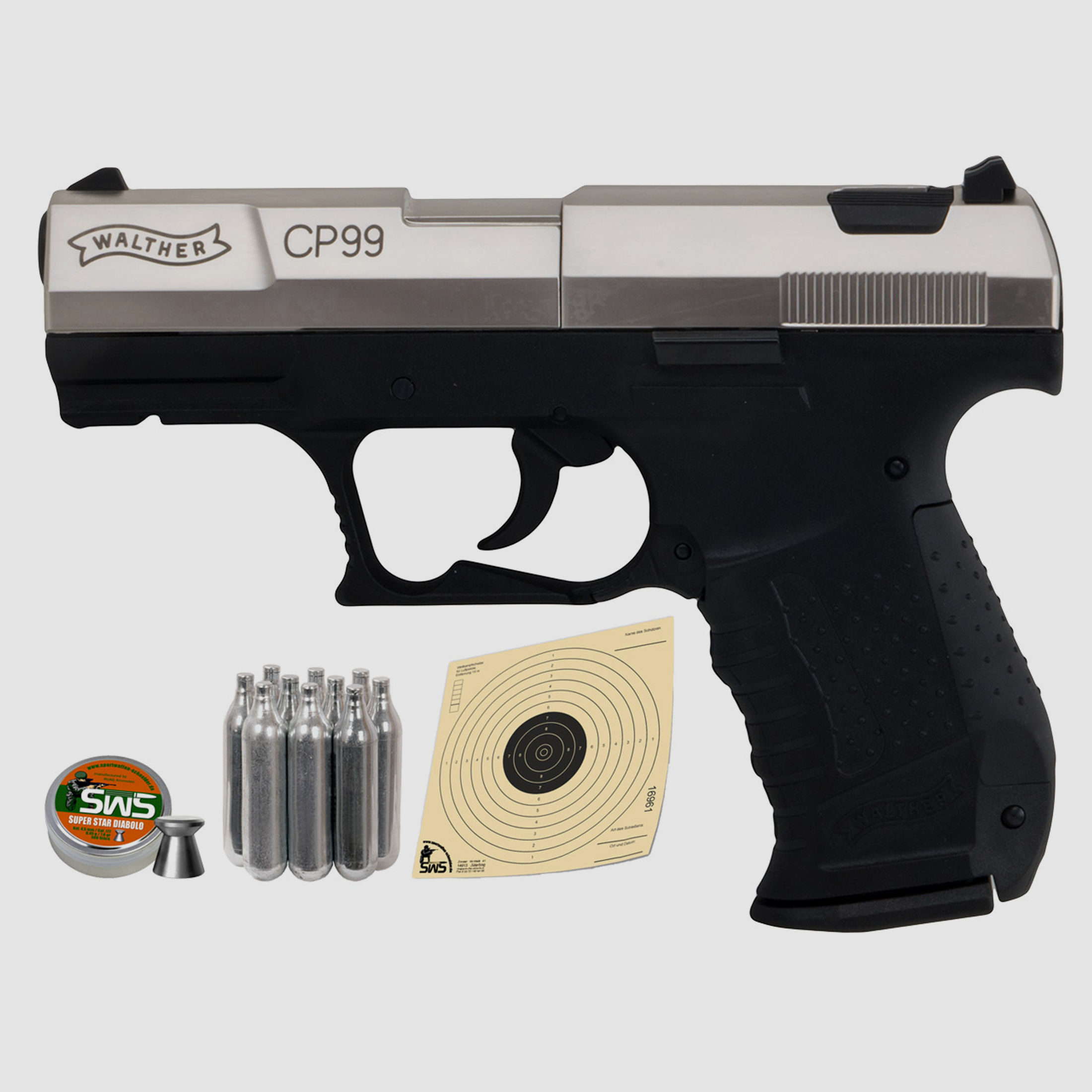 CO2 Pistole Walther CP99 Lauf 3 Zoll nickel Kaliber 4,5 mm Diabolos (P18)  Diabolos CO2 Kapsel Zeilscheiben Speedloader