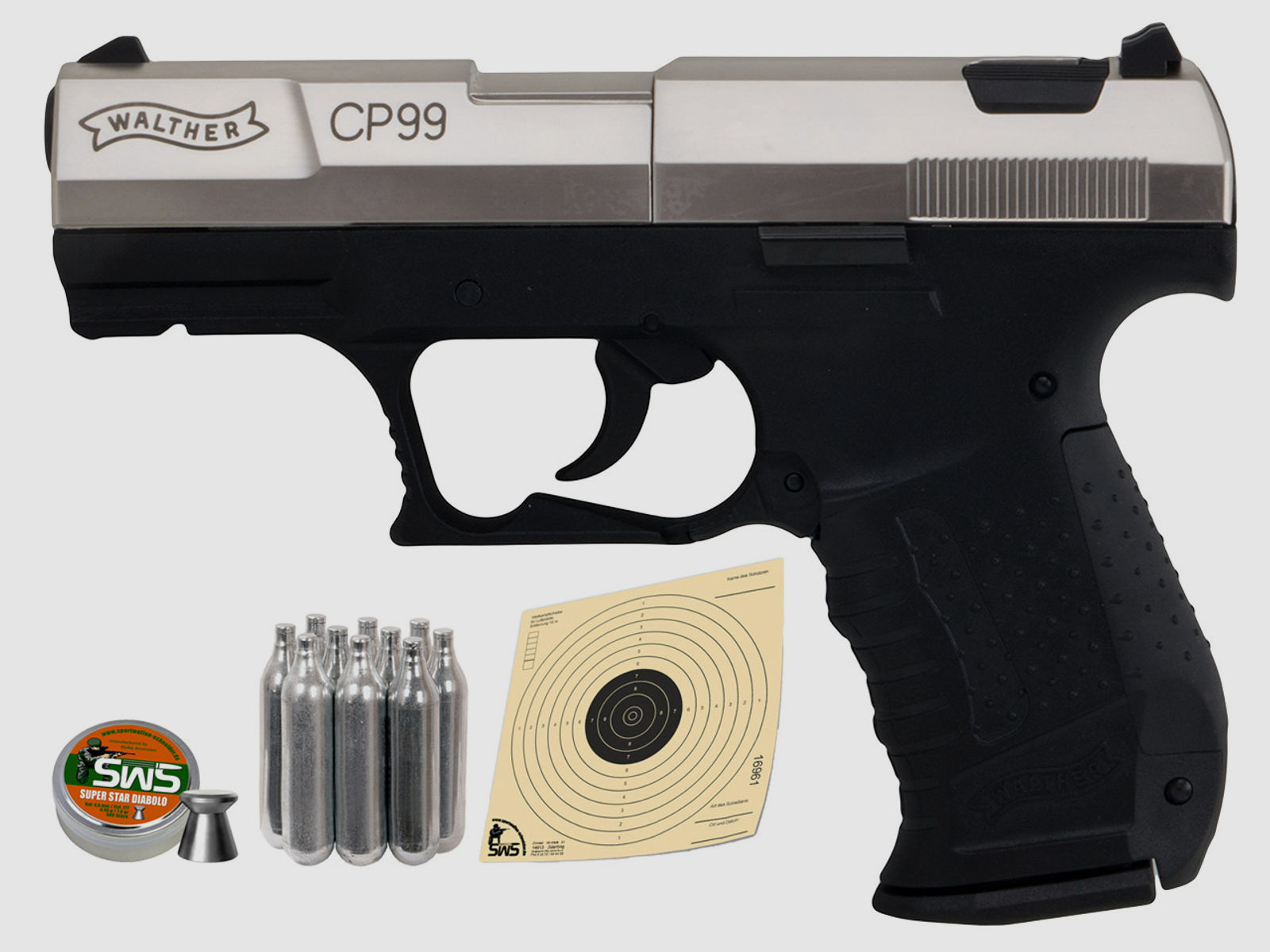 CO2 Pistole Walther CP99 Lauf 3 Zoll nickel Kaliber 4,5 mm Diabolos (P18)  Diabolos CO2 Kapsel Zeilscheiben Speedloader