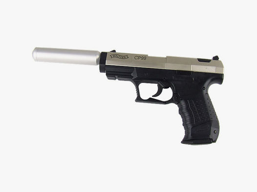 CO2 Pistole Walther CP99 Lauf 3 Zoll nickel Kaliber 4,5 mm Diabolos (P18)  silberner SWS SchalldĂ¤mpfer Adapter