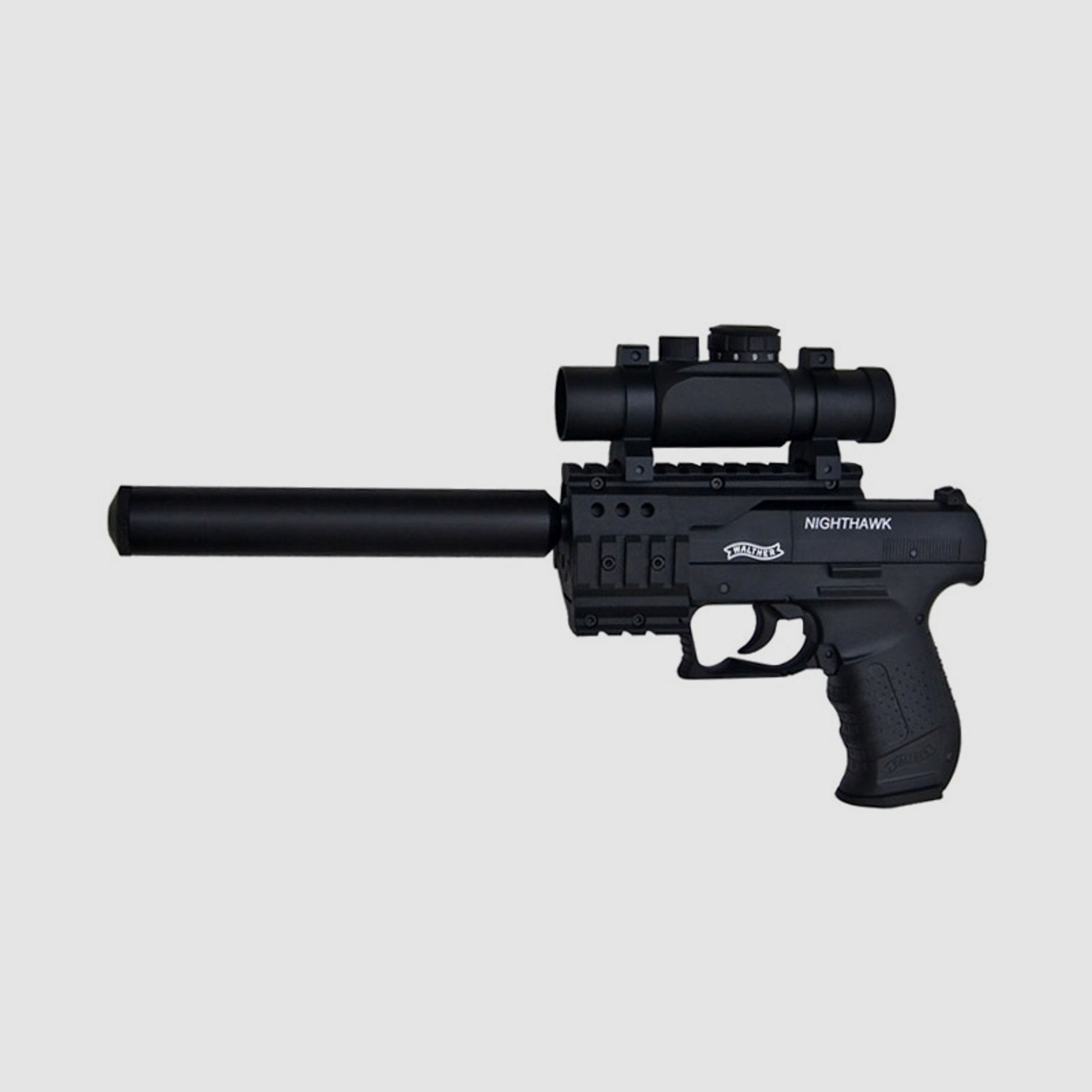 CO2 Pistole Walther Night Hawk schwarz Kaliber 4,5 mm Diabolo (P18)+ schwarzer SWS SchalldĂ¤mpfer Adapter