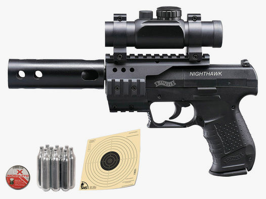 CO2 Pistole Walther Night Hawk schwarz Kaliber 4,5 mm Diabolo (P18)+ Diabolos CO2 Kapsel Zielscheiben Speedloader