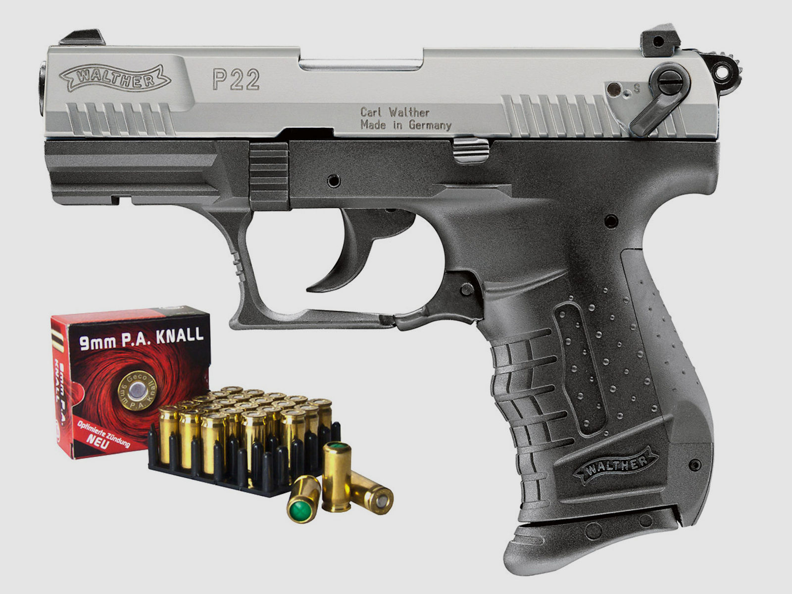 Schreckschuss Pistole Walther P22 bicolor nickel Kaliber 9 mm P.A.K. (P18) + 25 Schuss