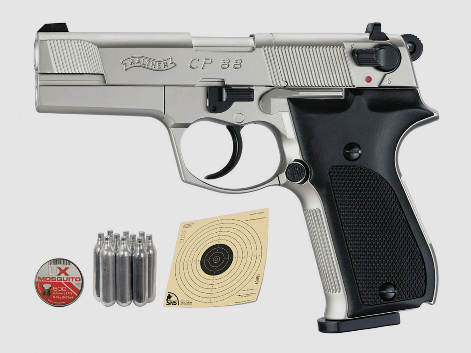 CO2 Pistole Walther CP88 nickel Kunststoffgriffschalen Kaliber 4,5 mm Diabolo (P18) + Diabolos CO2 Kapsel Zielscheiben Speedloader