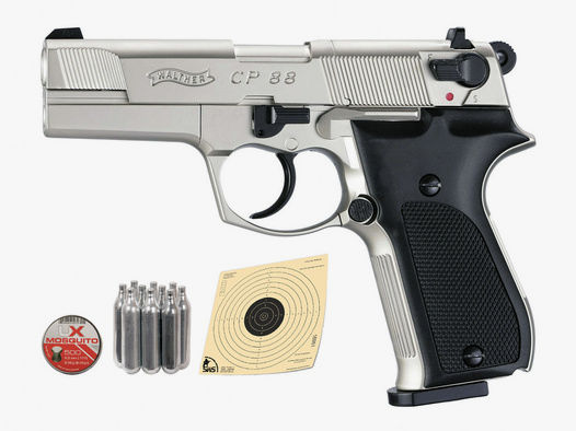 CO2 Pistole Walther CP88 nickel Kunststoffgriffschalen Kaliber 4,5 mm Diabolo (P18) + Diabolos CO2 Kapsel Zielscheiben Speedloader