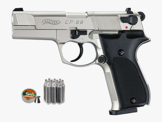 CO2 Pistole Walther CP88 nickel Kunststoffgriffschalen Kaliber 4,5 mm Diabolo (P18) + Diabolos CO2 Kapsel