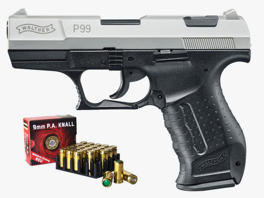 Schreckschuss Pistole Walther P99 bicolor nickel Kaliber 9 mm P.A.K. (P18)+ 25 Schuss