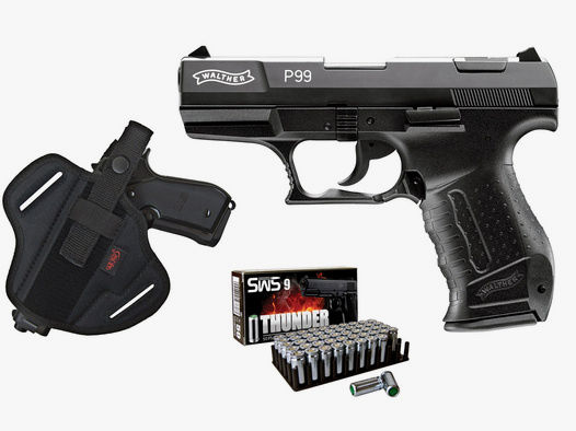Schreckschuss Pistole Walther P99 schwarz Kaliber 9 mm P.A.K. (P18) + Universalholster und 50 Schuss