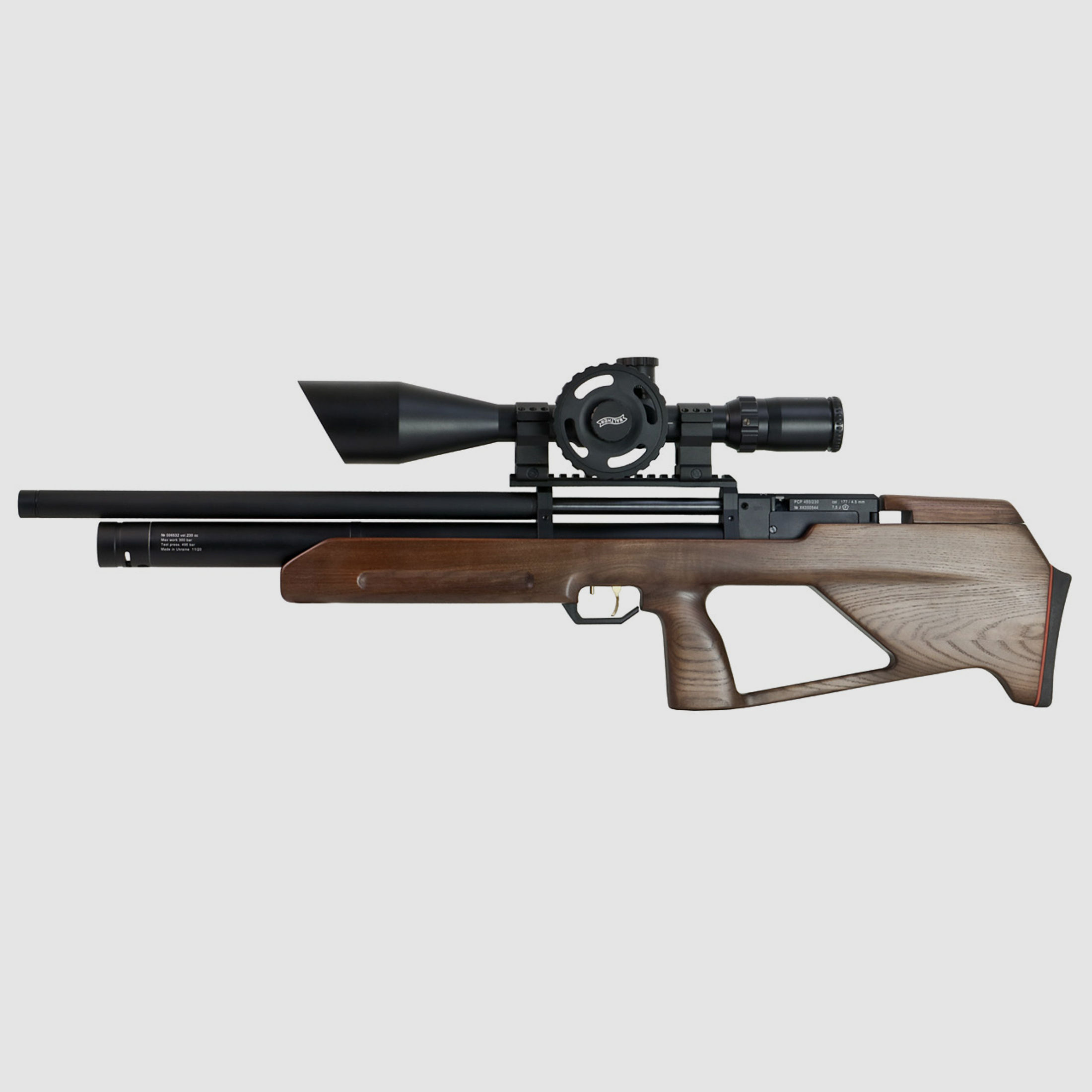 Bullpup Pressluftgewehr Zbroia Kozak mit integriertem SchalldĂ¤mpfer, Holzschaft braun, Kaliber 4,5 mm (P18)