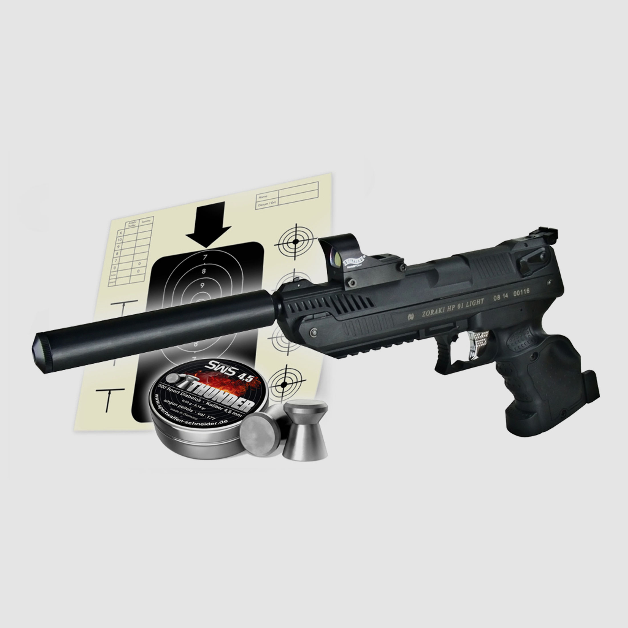 Vorkompressions Luftpistole Zoraki HP-01 fĂĽr RechtshĂ¤nder Kaliber 4,5 mm (P18) + Red Dot SchalldĂ¤mpfer Diabolos Zielscheiben