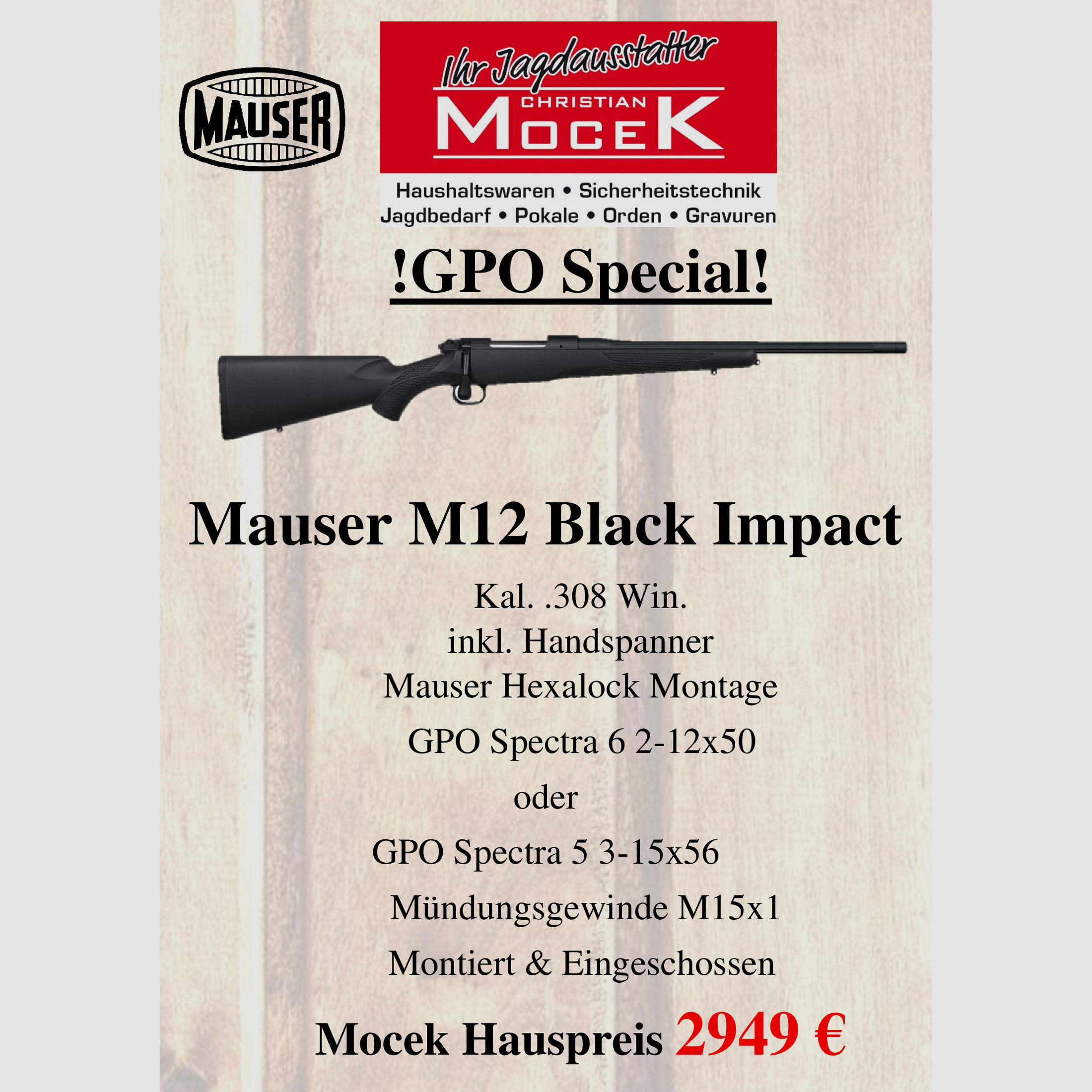 Mauser M12 Black Impact, mit GPO Spectra 6x 2-12x50 oder GPO Spectra 5x 3-15x56