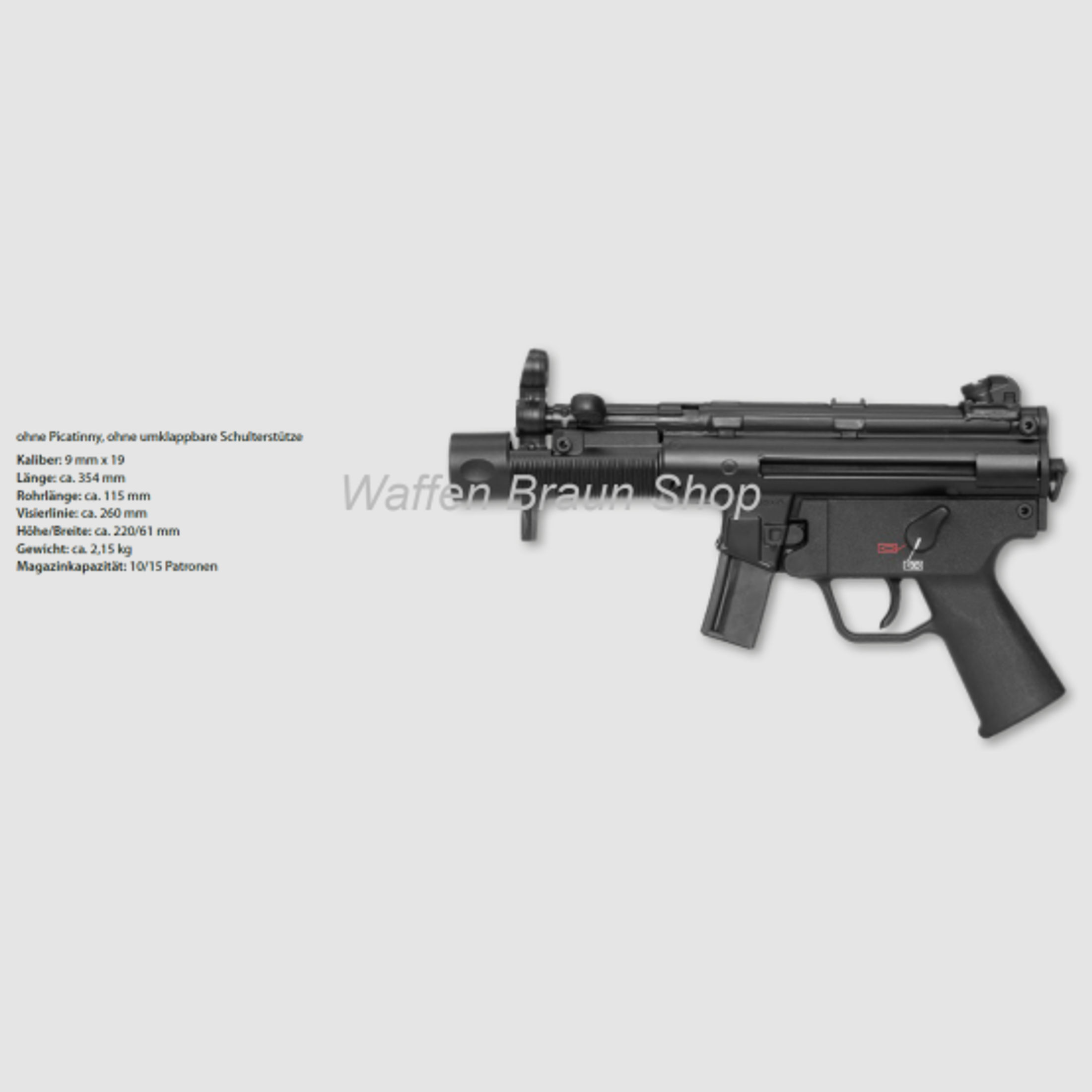 HK Pistole SP5K, Kal. 9 mm, ohne Picatinny-Adapter ohne umklappbare Schulterstütze
