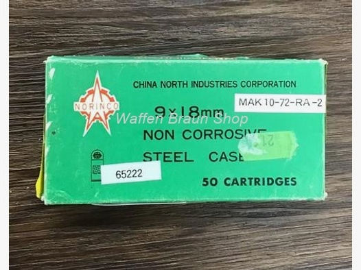 China Norinco 9x18mm Non Corrosive, Steel Case 50 Stk