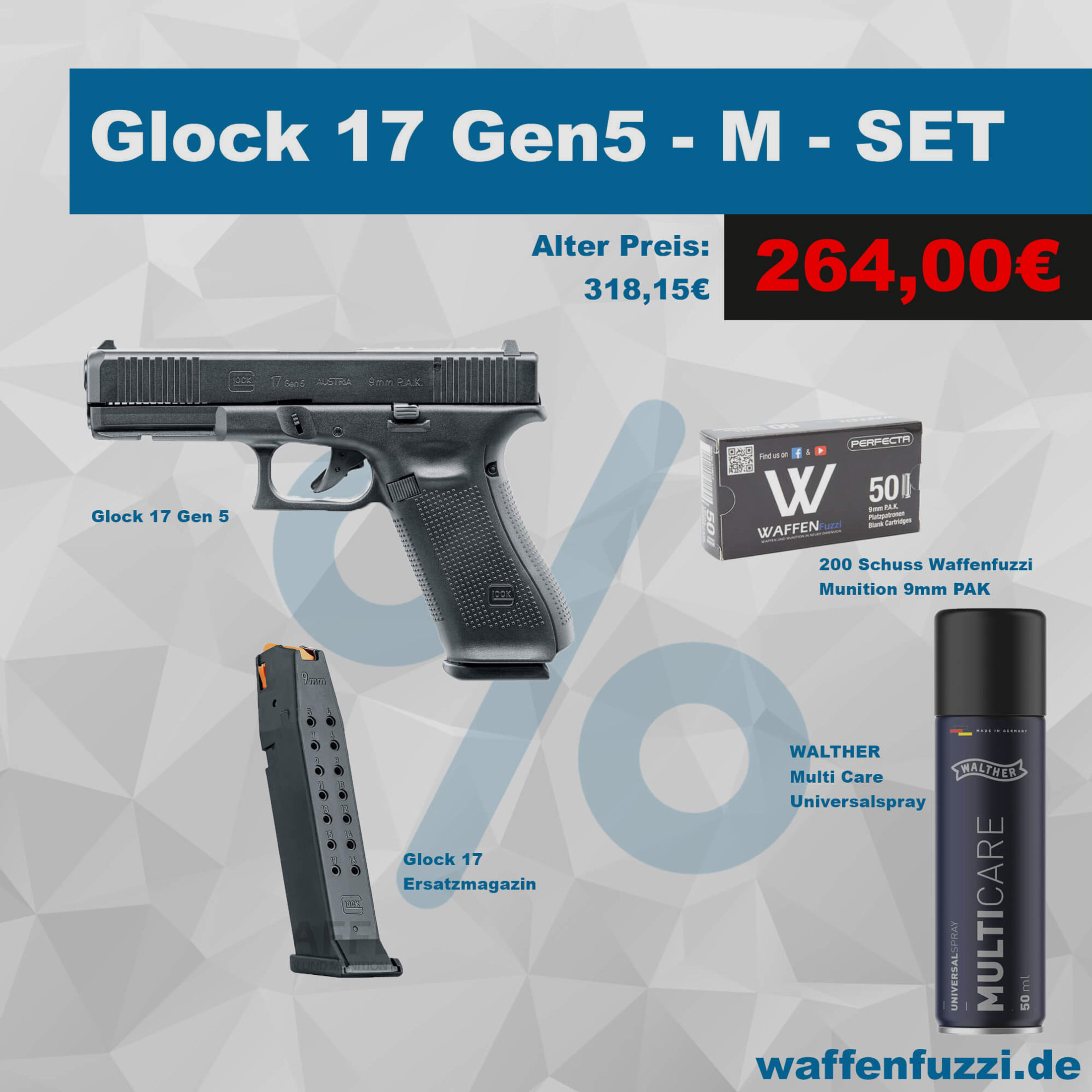 Glock 17 Gen5 Schreckschusspistolen Set "M" Kaliber 9mm PAK