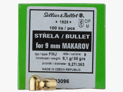 Sellier & Bellot Geschosse 9mm Makarov / .363 Vollmantel 95GR 100 Stück