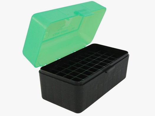 MTM Patronenbox RM-50-16T grün/schwarz mit Klappdeckel f. 50 Patronen .22-250 - .308 u.w.