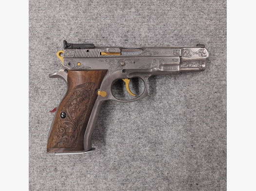 CZ 75B Brünner halbautomatische Pistole 9mm Luger silber, gold, graviert mit Holzgriffschalen