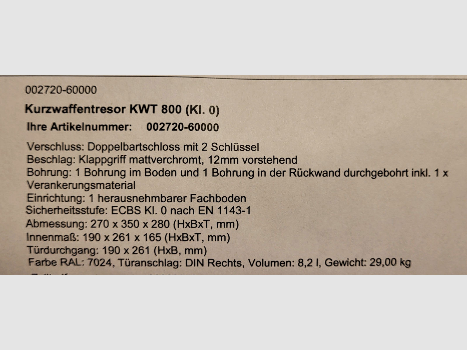 KWT 800 Kat.0, Eisenbach Kurzwaffentresor