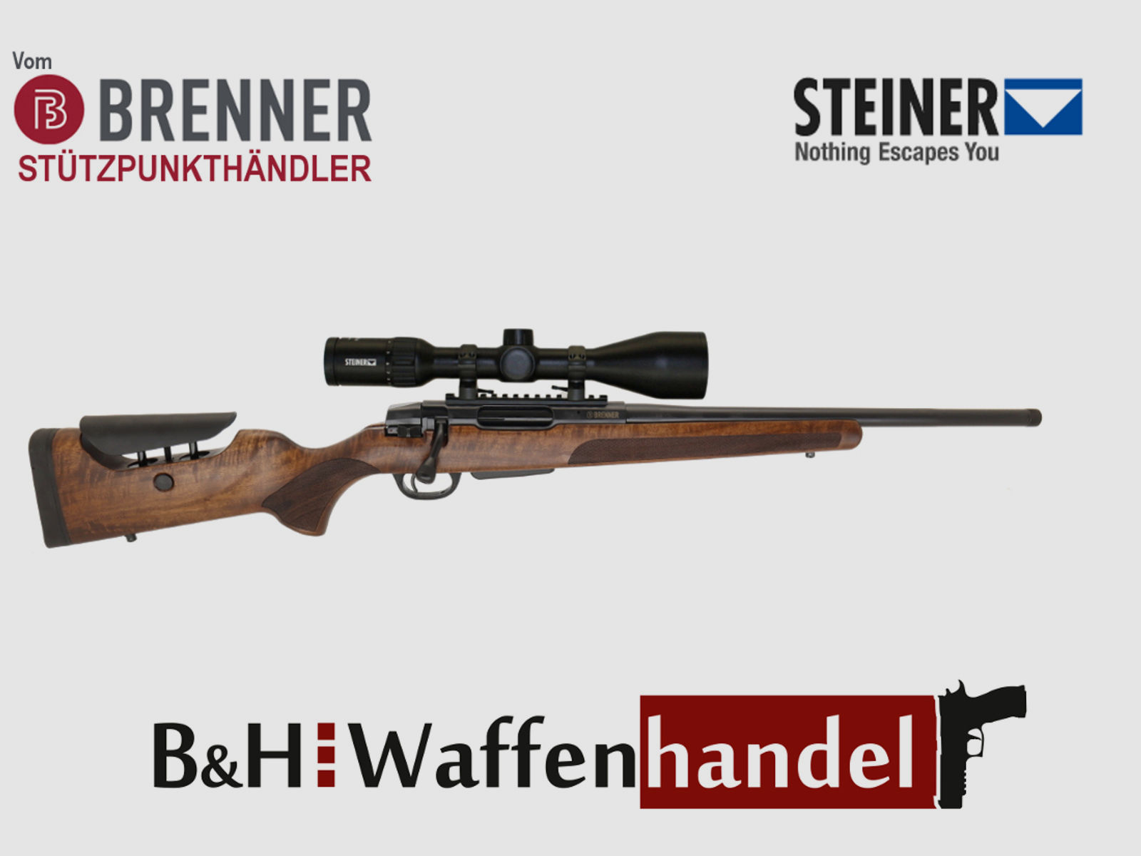 Brenner Komplett-Set: BR20 L.E. Nussbaum- Schaft verstellbarer Schaftrücken mit Steiner Ranger 3-12x56 (Best.Nr.: BR20LEP9) Finanzierung möglich