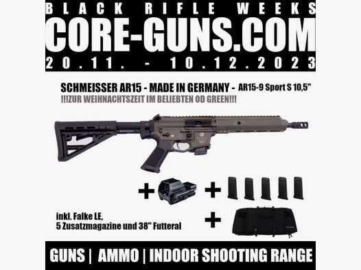 OD GREEN - Schmeisser AR15-9 Sport in 10,5" 9mm Luger + Falke LE + 5 Magazine + 38" Futteral