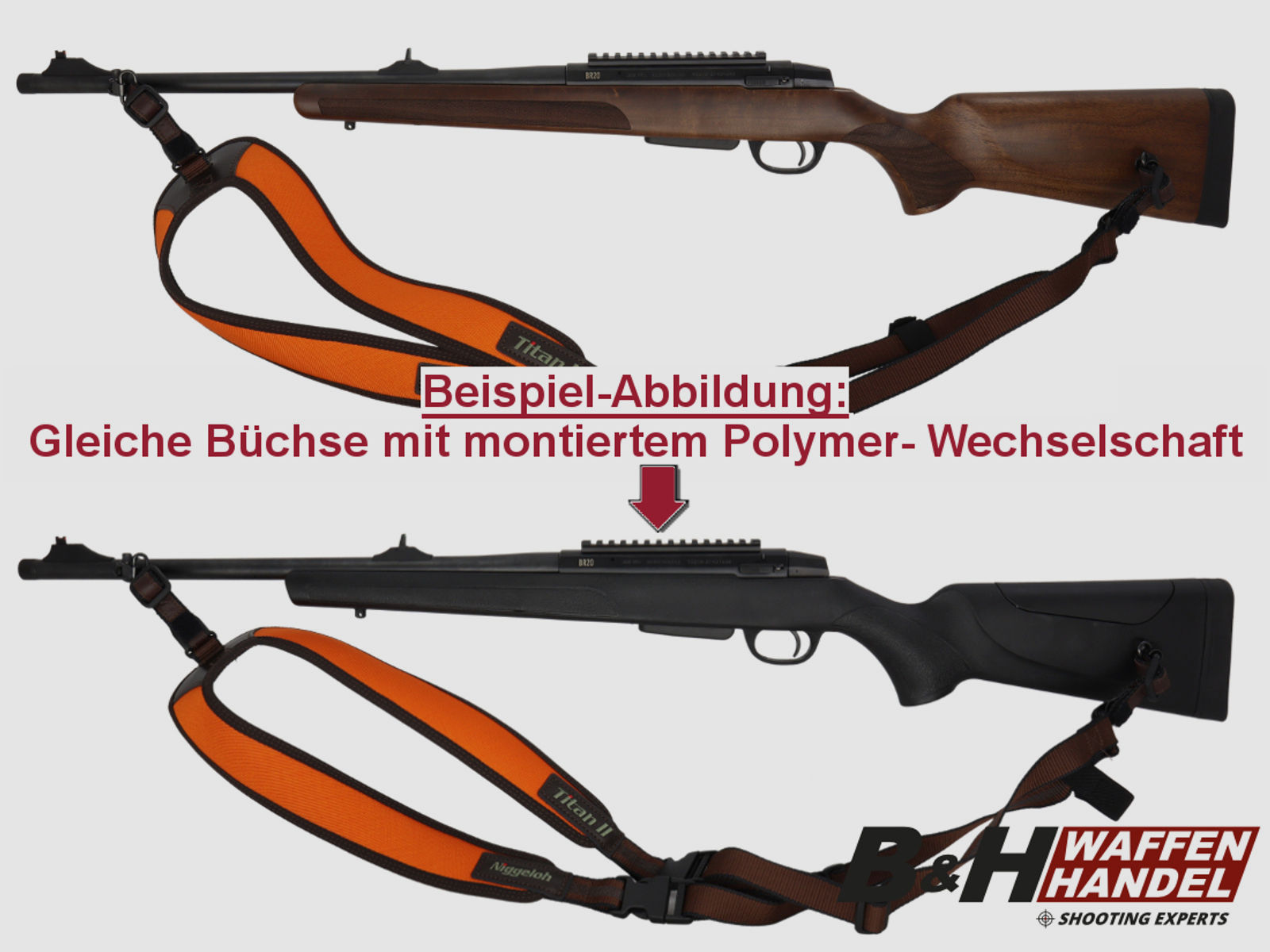 BR20 B&H DGS Komplettpaket Holzschaft + Polymerschaft Rucksack- Gewehrriemen Hundeführer Nachsuche Durchgehschützen
