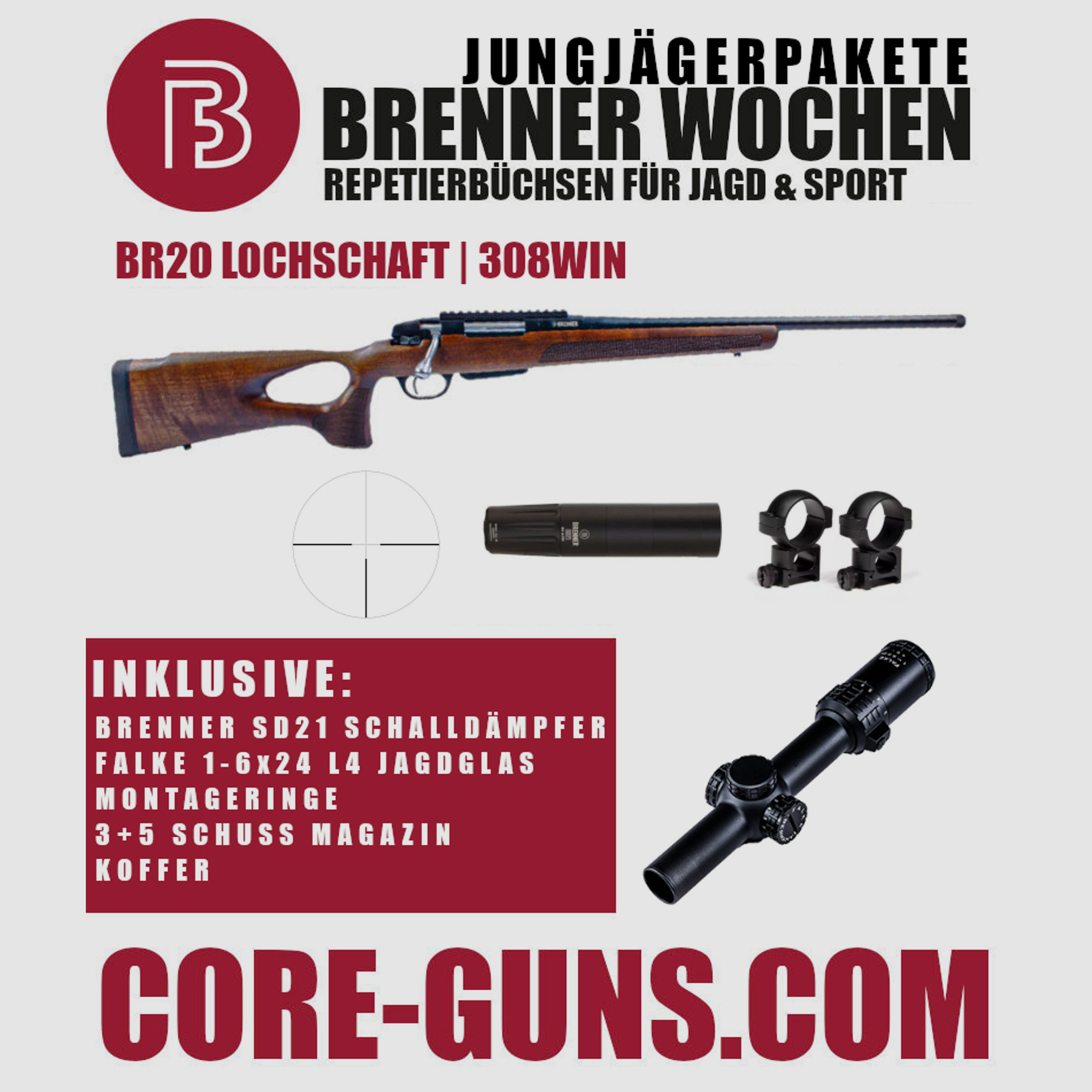 Brenner BR20 Lochschaft Jägerpaket UVP: 1647€  inkl. Brenner SD21 + Falke 1-6x24 L4 + Montageringe + Koffer inkl. 3+5 Schuss Magazin