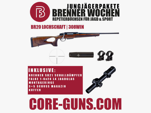 Brenner BR20 Lochschaft Jägerpaket UVP: 1647€  inkl. Brenner SD21 + Falke 1-6x24 L4 + Montageringe + Koffer inkl. 3+5 Schuss Magazin