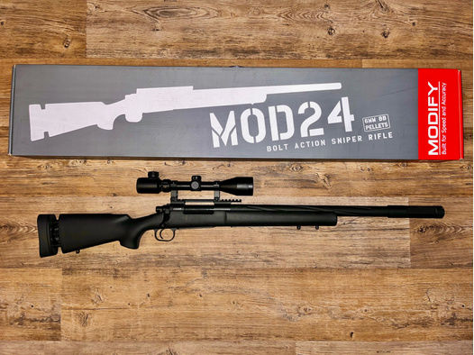 Modify MOD24X G-Spec Bolt Snipergewehr 6mm BB schwarz (Softair) mit Zielvernrohr Max Tactial